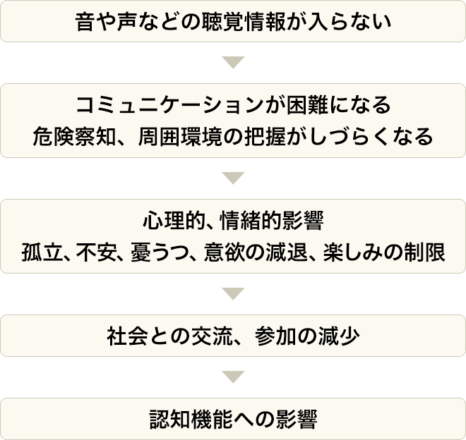 音や声などの聴覚情報が入らない→コミュニケーションが困難になる危険察知、周囲環境の把握がしづらくなる→心理的、情緒的影響 孤立、不安、憂うつ、意欲の減退、楽しみの制限→社会との交流、参加の減少→認知機能への影響