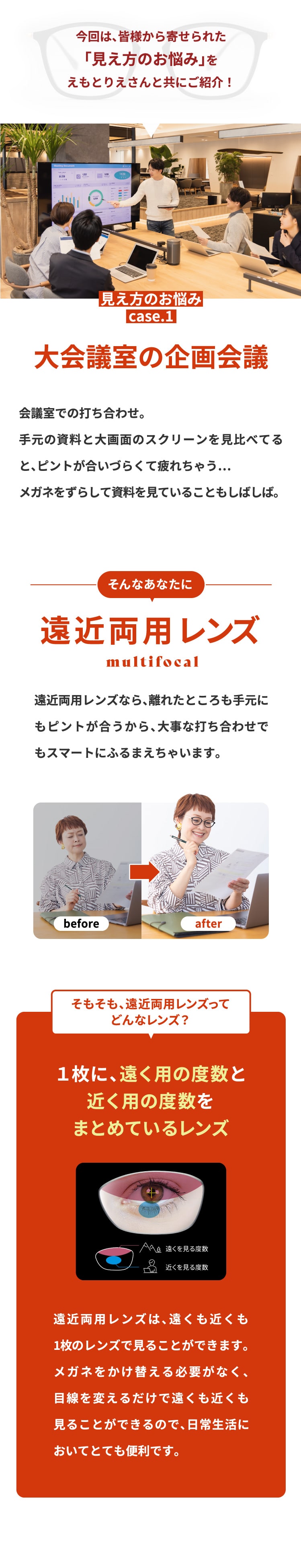 今回は、皆様から寄せられた
				「見え方のお悩み」を
				えもとりえさんと共にご紹介！
				見え方のお悩みcase.1
				会議室での打ち合わせ。
				手元の資料と大画面のスクリーンを見比べてると、ピントが合いづらくて疲れちゃう…
				メガネをずらして資料を見ていることもしばしば。
				そんなあなたに遠近両用レンズ
				遠近両用レンズなら、離れたところも手元にもピントが合うから、目の疲労感を低減！
				大事な打ち合わせでもスマートにふるまえちゃいます。
				そもそも、遠近両用レンズって
				どんなレンズ？
				１枚に、遠く用の度数と
				近く用の度数を
				まとめているレンズ
				遠近両用レンズは、遠くも近くも一つのレンズでしっかり見ることができます。メガネをかけかえる必要がなく、目線を変えるだけで即座に遠くも近くも見ることができるので、日常生活においてとても便利です。
				