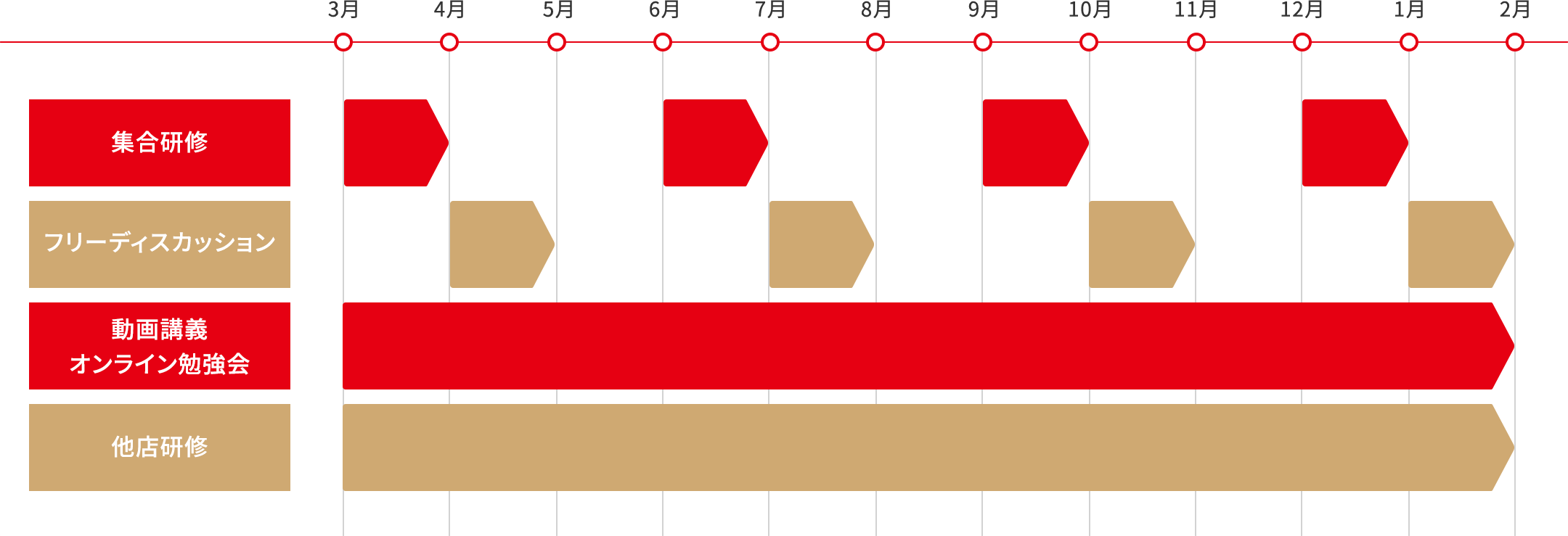 集合研修 3月~4月 6月~7月 9月~10月 12月~1月 フリーディスカッション 4月~5月 7月~8月 10月~11月 1月~2月 動画講義 オンライン勉強会 3月~2月 他店研修 3月~2月